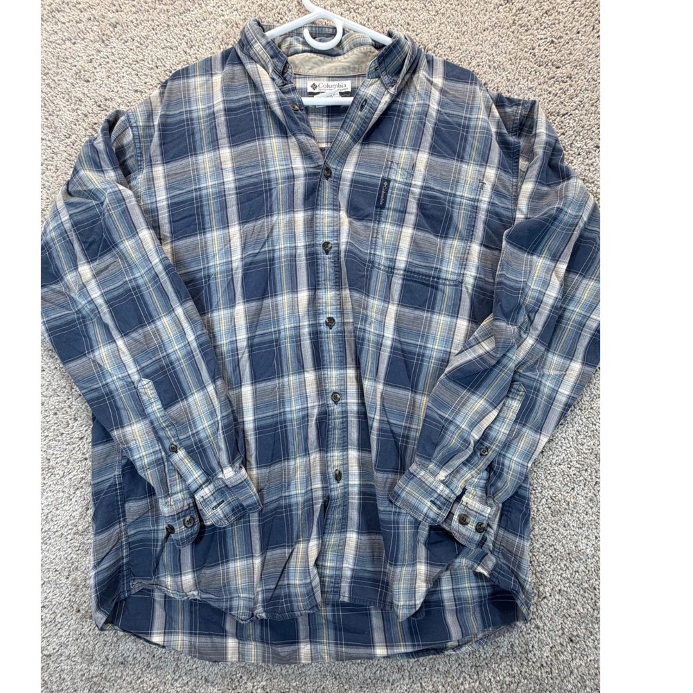 Columbia Mens XL Blue Plaid Long‎ Sleeve Button Down Cotton Shirt AM7297